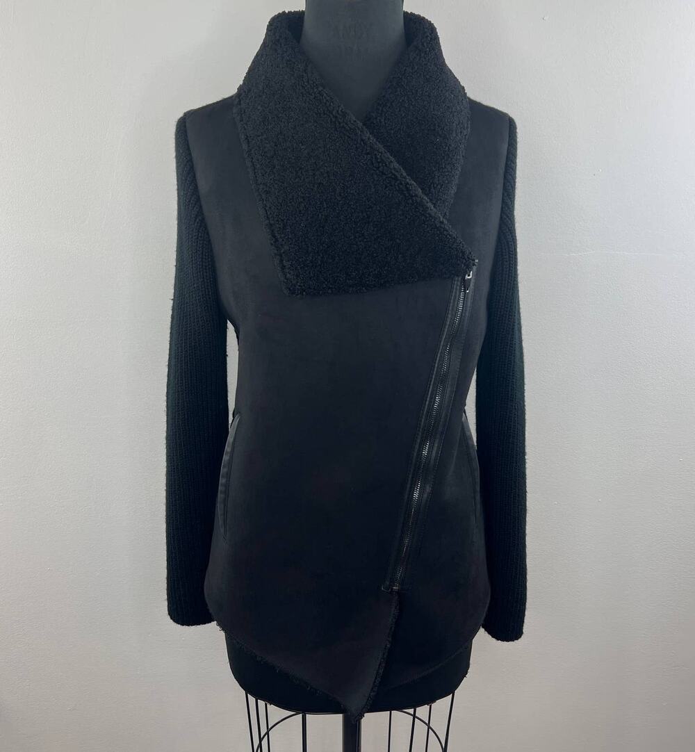 BlankNYC Black Knit Shawl Collar Faux Suede Asymmetric Swewater Jacket M Medium